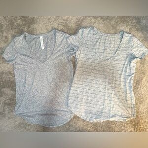 2 Well loved Lululemon V Neck t, size 2, grey and grey with hunter green stripes